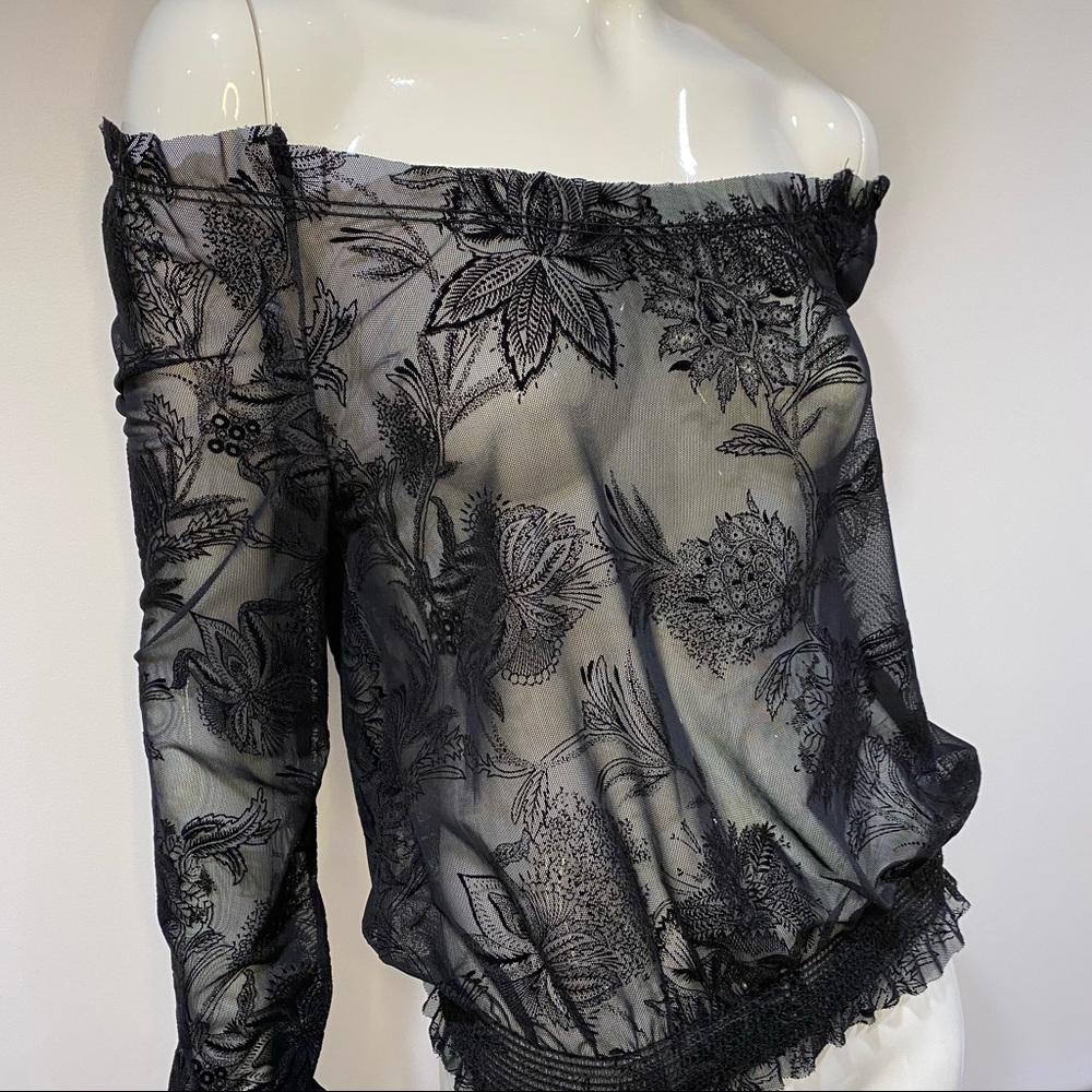 DKNY JEANS off the shoulder lace mesh top